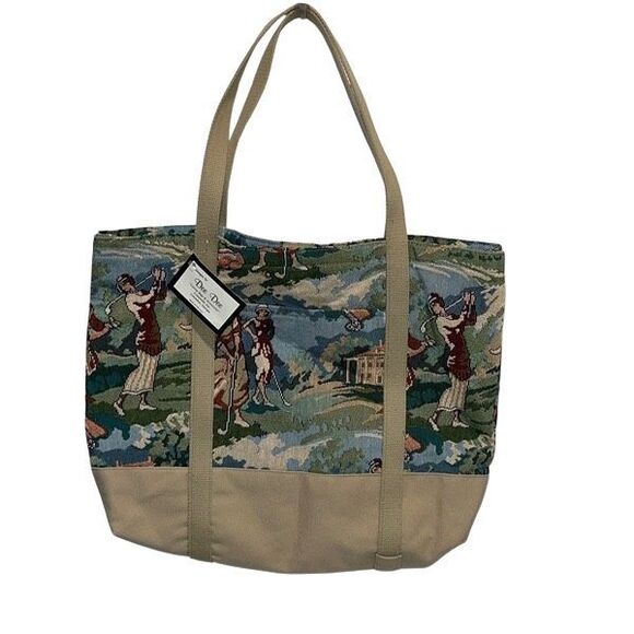 Designs by Dee Dee Womens Playing Golf Print Tapestry Tote Bag Green Tan Small N - Picture 1 of 9